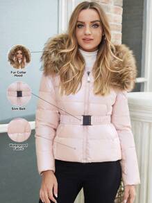 ZIAI Women's Casual Solid Shiny Winter Jacket, New Fashion Belted Slim Fit Thick Jacket, Women's Short Down Jacket With Faux Fur Collar, Fashionable Holiday Choice - Baby Pink - View 2