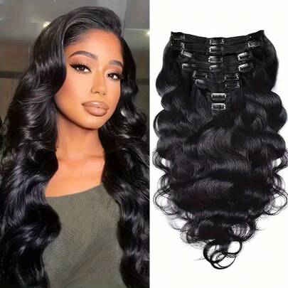 波浪真人发夹式接发 未加工纯天然人发夹式无缝接发 真人发 每套 8 件 含 18 个发夹 波浪发（12-26 英寸）自然色