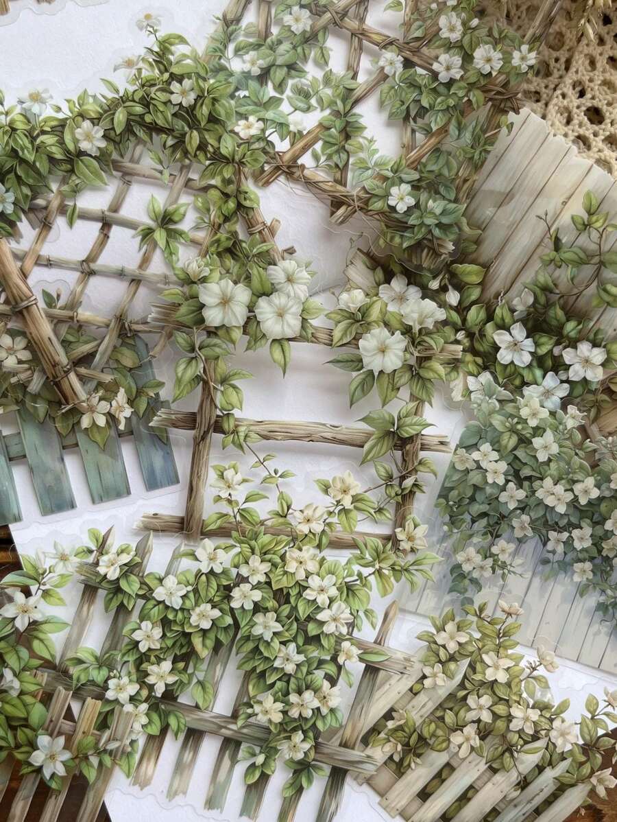 15张/包 复古大号贴纸套装，包含栅栏、花卉、花径、日记、剪贴簿、装饰贴纸，适合返校季剪贴簿，趣味贴纸，笔记本电脑贴纸，Kindle手机贴纸 - 彩色 - 查看 1