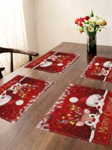 4 PCS Festive Christmas Placemat With Santa, Reindeer & Lanterns - Polyester, Rectangular Holiday Decor For Home Parties - Red - View 1