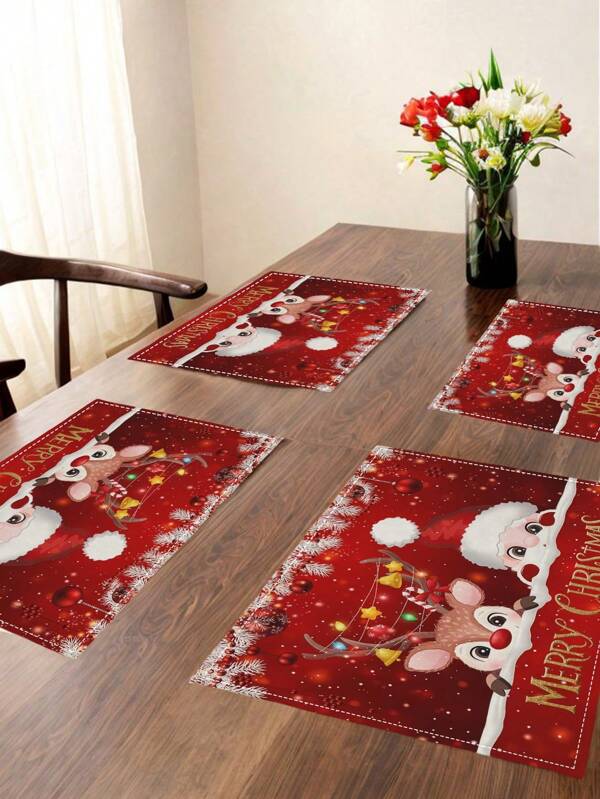 4 peças de jogo americano festivo de Natal com Papai Noel, renas e lanternas - poliéster, decoração retangular para festas em casa