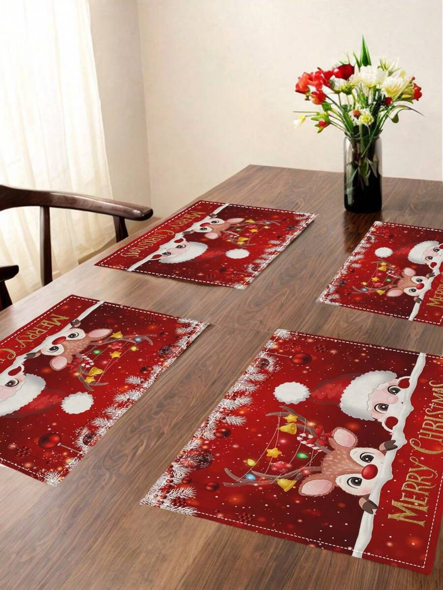 4 PCS Festive Christmas Placemat With Santa, Reindeer & Lanterns - Polyester, Rectangular Holiday Decor For Home Parties - Red - View 1