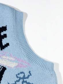 ANDREILEE 春秋个性化街头美式字母抽象卡通图案背心无袖毛衣休闲宽松时尚百搭圆领套头针织吊带衫 - 藍色 - 查看 4