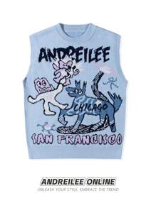 ANDREILEE 春秋个性化街头美式字母抽象卡通图案背心无袖毛衣休闲宽松时尚百搭圆领套头针织吊带衫 - 藍色 - 查看 1