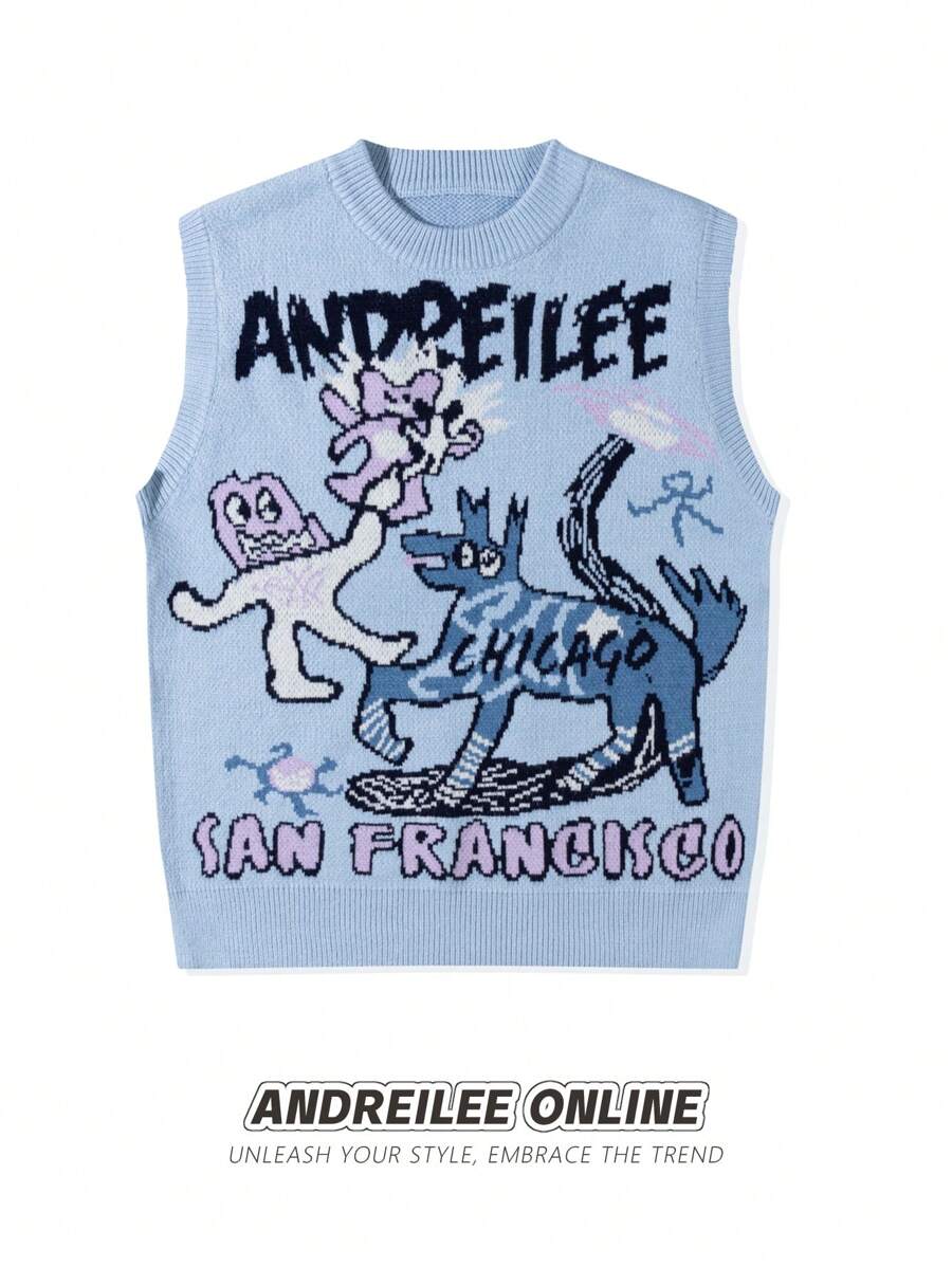 ANDREILEE 春秋个性化街头美式字母抽象卡通图案背心无袖毛衣休闲宽松时尚百搭圆领套头针织吊带衫 - 藍色 - 查看 1