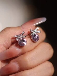 1 bộ trang sức thiết kế tối giản hình tròn đính đá Zirconia màu hồng 925 bạc bao gồm hoa tai, dây chuyền mặt dây chuyền, thích hợp làm quà tặng ngày lễ, tiệc tùng, dịp thời trang - Màu tím - Xem 7