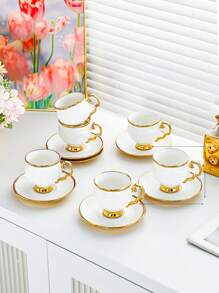 1 Set, 6 Cups And 6 Saucers, Turkish Coffee Cups And Water Glasses, English Afternoon Tea Set, With Handles, Heat-Resistant, Golden Luxury, Suitable For Restaurants, Homes And Offices, A Great Gift Choice For Family, Friends And Loved Ones
