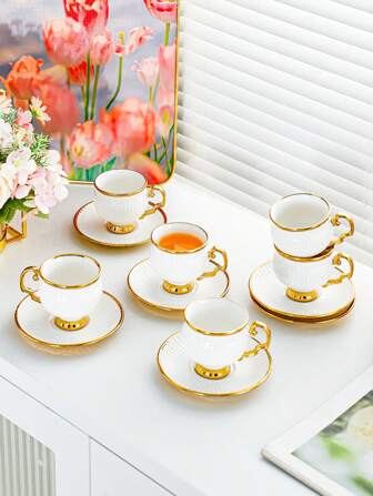 1 Set, 6 Cups And 6 Saucers, Turkish Coffee Cups And Water Glasses, English Afternoon Tea Set, With Handles, Heat-Resistant, Golden Luxury, Suitable For Restaurants, Homes And Offices, A Great Gift Choice For Family, Friends And Loved Ones