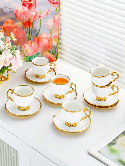1 Set, 6 Cups And 6 Saucers, Turkish Coffee Cups And Water Glasses, English Afternoon Tea Set, With Handles, Heat-Resistant, Golden Luxury, Suitable For Restaurants, Homes And Offices, A Great Gift Choice For Family, Friends And Loved Ones