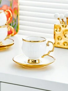 1 Set, 6 Cups And 6 Saucers, Turkish Coffee Cups And Water Glasses, English Afternoon Tea Set, With Handles, Heat-Resistant, Golden Luxury, Suitable For Restaurants, Homes And Offices, A Great Gift Choice For Family, Friends And Loved Ones