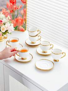 1 Set, 6 Cups And 6 Saucers, Turkish Coffee Cups And Water Glasses, English Afternoon Tea Set, With Handles, Heat-Resistant, Golden Luxury, Suitable For Restaurants, Homes And Offices, A Great Gift Choice For Family, Friends And Loved Ones