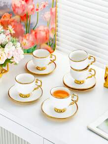 1 Set, 6 Cups And 6 Saucers, Turkish Coffee Cups And Water Glasses, English Afternoon Tea Set, With Handles, Heat-Resistant, Golden Luxury, Suitable For Restaurants, Homes And Offices, A Great Gift Choice For Family, Friends And Loved Ones