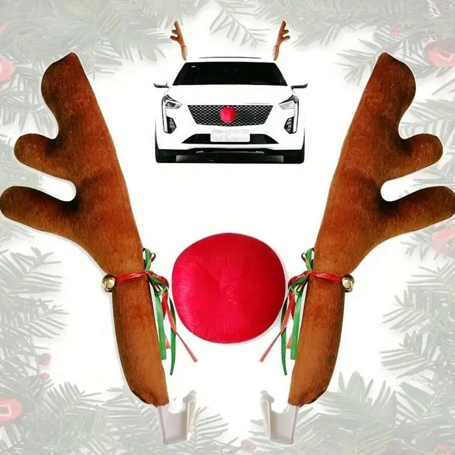 汽车驯鹿鹿角和鼻子，汽车圣诞装饰品，节日配件装饰 3 件 - 均碼 - 查看 1