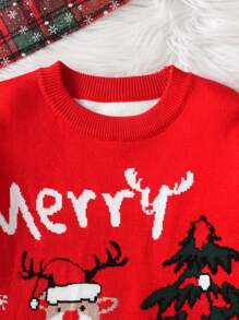 Suéter estampado con renos y Feliz Navidad, apropiado para primavera, otoño e invierno, para niños pequeños - Rojo - Ver 4