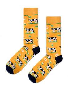 1 Đôi tất dài đến giữa bắp chân họa tiết bò vàng thời trang, phong cách Unisex cho mọi mùa - Nhiều màu - Xem 3