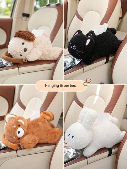 1 pieza Caja de pañuelos para coche Caja creativa de cajón colgante multifuncional de peluche con diseño de personajes para reposabrazos de coche