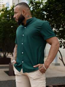 Men's Shirt With Priest Collar - Green - View 3