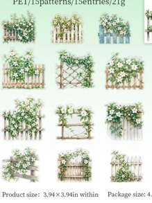 15pcs/Pack Vintage Large Size Sticker Pack, Manor Fence Series, Vines & Wild Flowers, Suitable For Diary, Scrapbooking, Decoration, Landscaping