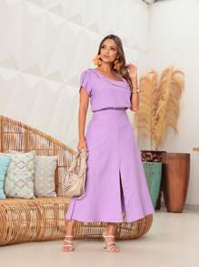 Viscose Twill Skirt And Blouse Set: Short-Sleeved Blouse With Boat Neckline, Flared Midi Skirt With Pockets And Front Slit - 紫丁香色 - 查看 4