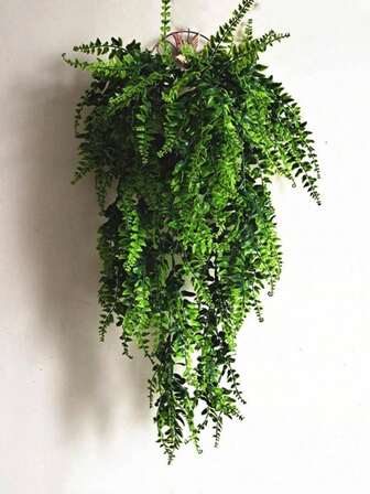 1pc Artificial Boston Fern Plant Hanging Vine Decor, Plastic Green Wall Hanging Basket, Indoor/Outdoor, Wedding Wreath Decoration