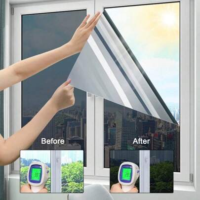 1MX5M One Way Window Film Silver Mirror Glass Film Privacy Sunscreen Window Sticker Heat Insulation Mirror Heat Insulation 99% UV Protection Adhesive-Free Self-Adhesive Window Sticker
