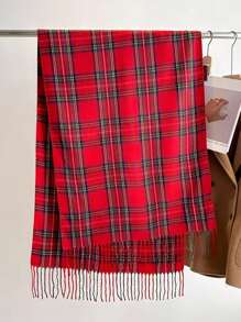 1pc Women Plaid Scarf In Red, Faux Cashmere, Suitable For Autumn/Winter, Birthday Gift, Dual Use Scarf & Shawl, Tasseled, Collegiate Style - Red - View 4