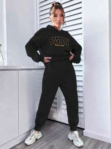 青少年女孩 2 件套休闲宽松字母印花套头连帽衫运动衫和直腿抽绳保暖内衬裤，厚实保暖服装，适合春秋冬季 - 黑色 - 查看 2