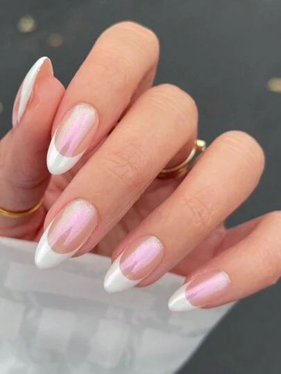 24pcs Pink Almond-Shaped Press-On Nails, Electroplated Punk Style, White French Manicure Glossy Full Cover False Nails, Suitable For Women, Girls, Parties, Holidays, Outdoor Nail Art Supplies