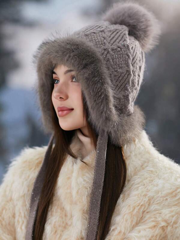 1pc Women's Winter Street Style Wind-Proof Warm Knitted Plush Earflap Hat, Thermal Lined Thick Snow Cap Suitable For Outdoor Activities