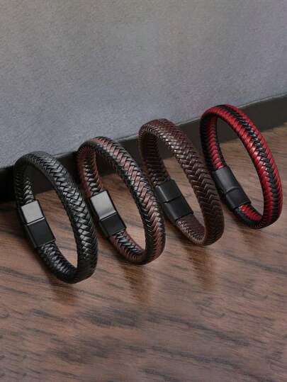 Fashionable Men's Magnetic Clasp Genuine Leather Bracelet - Multi-Size Woven Wristband, Suitable For Outdoor Sports And Casual Wear