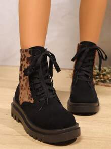 Botas cortas de plataforma con suela gruesa, vintage desgastado con estampado de leopardo, para mujer, nueva colección Otoño 2024