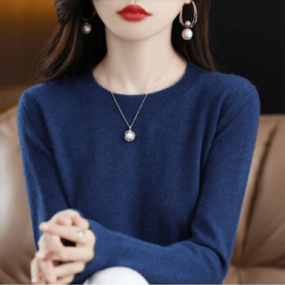 Suéter mujer casual caliente suelto con cuello redondo, blusas de moda de punto elegantes manga largo, sueter dama casual para primavera, otoño, invierno, color liso, M, L,XL,XXL