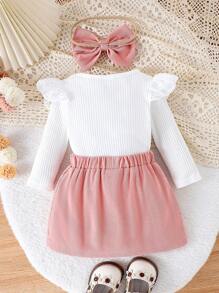 Baby Girl Set Of Solid Color Long Sleeve Romper And Pink Bow Decorated Skirt With Headband