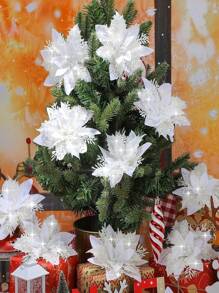 6pcs Artificial White Christmas Flowers, Poinsettia Flowers, Fake Christmas Tree Decor, Suitable For Christmas Party Decoration, Christmas Tree Decoration, Halloween, Halloween Decoration - White - View 1