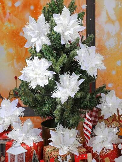 6 piezas de flores de Navidad blancas artificiales, flores de Nochebuena, decoración de árbol de Navidad falso, adecuado para decoración de fiesta de Navidad, decoración de árbol de Navidad, Halloween, decoración de Halloween