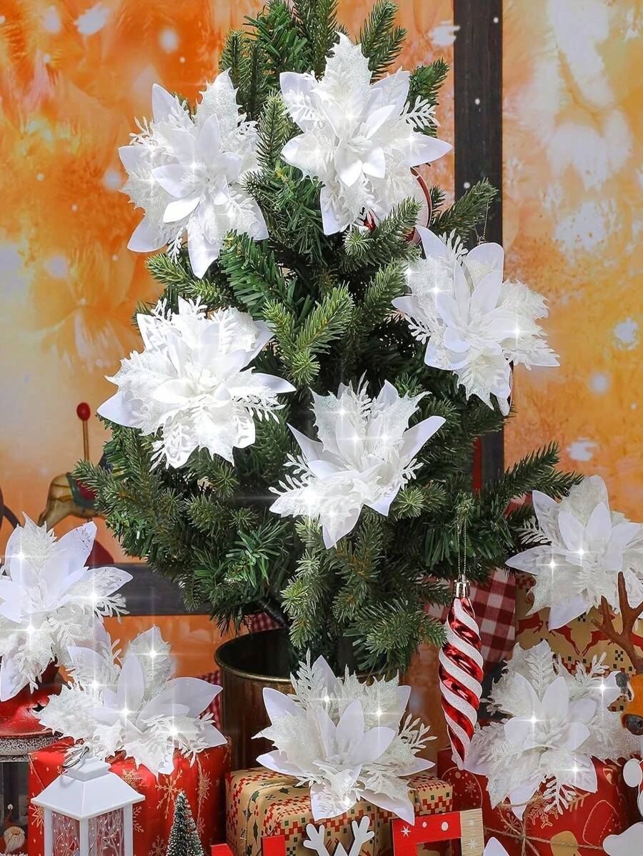 6pcs Artificial White Christmas Flowers, Poinsettia Flowers, Fake Christmas Tree Decor, Suitable For Christmas Party Decoration, Christmas Tree Decoration, Halloween, Halloween Decoration - White - View 1