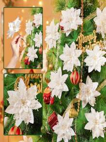 6pcs Artificial White Christmas Flowers, Poinsettia Flowers, Fake Christmas Tree Decor, Suitable For Christmas Party Decoration, Christmas Tree Decoration, Halloween, Halloween Decoration - White - View 2