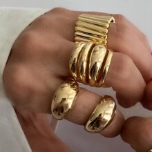 3pcs/5pcs/8pcs/15pcs Set Minimalist Exaggerated Ripple Asymmetrical Ring Set For Women, Party/Vacation/Daily Wear (No Box) - Yellow Gold - View 14