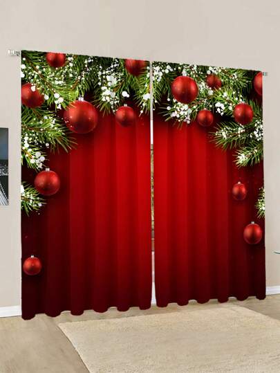 2 Stück Weihnachts-Mehrfarbvorhänge mit Weihnachtsbaum & roter Weihnachtskugel, moderne stilvolle Wohndekor Gardinenstangen, geeignet für Weihnachten, Alltagsgebrauch (Stoffgewicht 120g)