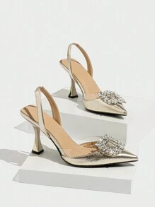 Women's Pointed Toe Rhinestone Decor Backless High Heel Shoes, Elegant & Comfortable Slip-On Pumps, Suitable For Party, Wedding, Formal Events In Autumn/Winter. Run Large, Gold Color,Kitten Heels,Elegant,Elegant - Gold - View 5