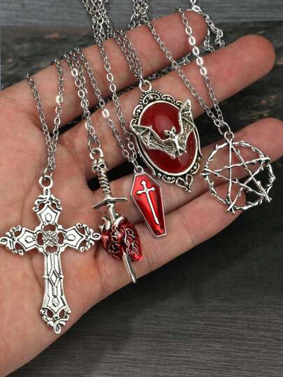 Set de 5 collares con colgantes de murciélago, piedras preciosas, ataúd, flecha, corazón rojo y estrella en estilo gótico, punk rock, vintage Y2K, con cadena de acero inoxidable, en bohemia y hip hop