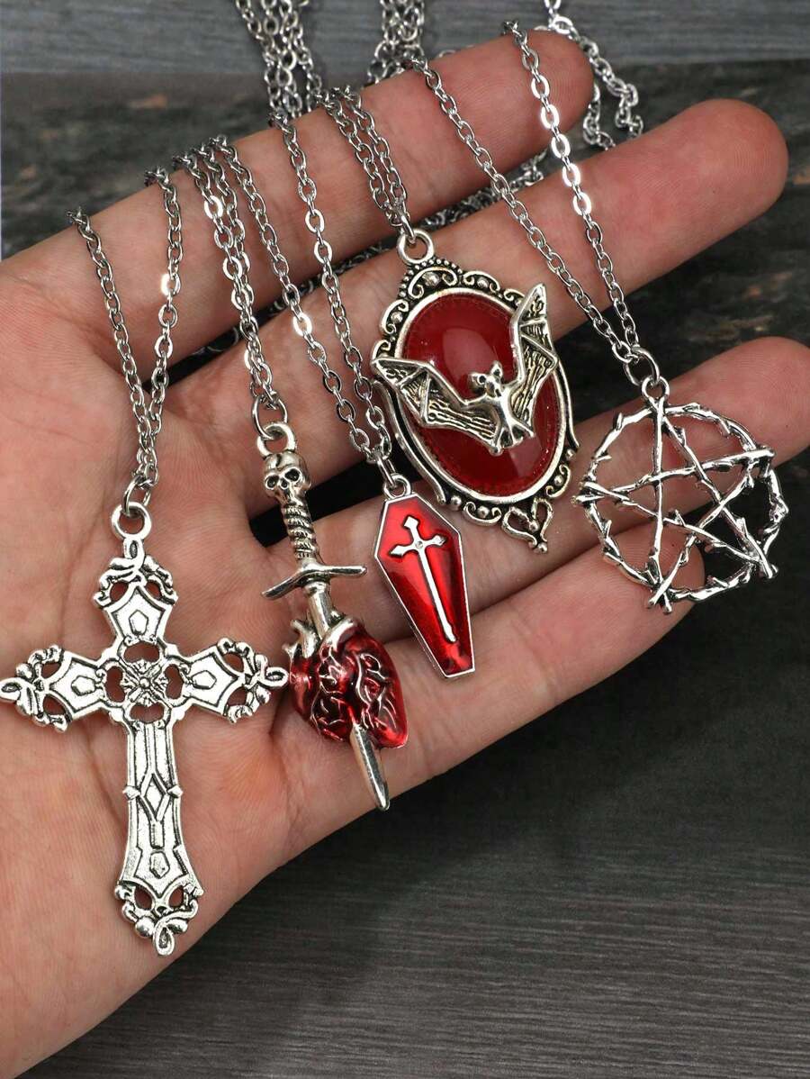 5 件 Y2K 复古哥特朋克摇滚风格蝙蝠、宝石、棺材、箭头、红心、星形吊坠项链套装、不锈钢链、波西米亚风、嘻哈时尚潮流 - 銀色 - 查看 1