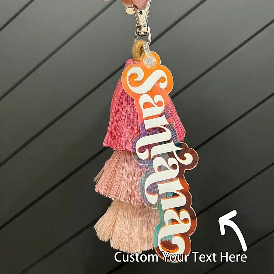 1pc Customized Tassel Keychain, Beach Letter Socks Tag, Tassel Or Rainbow Quote Keychain, Rainbow Acrylic, Diaper Bag Tag, Personalized Kids Backpack Name Tag, Best Gift For Back To School