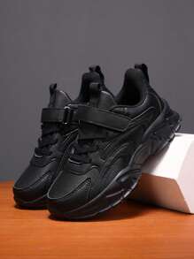 1 双儿童透气运动鞋，皮革鞋面，略防水，时尚百搭学生跑鞋，低帮学院风，适合男孩和女孩，幼儿到大孩子，春秋季 - 黑色 - 查看 2