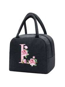Isolierte Lunch Tasche, Kühltasche, Lunchbox, Kältepack, Blumen- und Buchstaben A-Z Muster Leinwand leichte tragbare Lunch Organizer Tasche, geeignet für Schule, Klassenzimmer, Uni, Büro, Camping und Picknick, Schulmaterial, Küchenorganisation, Küchen-Essentials, Lunchbox, Lunch Tasche, Damen Lehrer Picknick Tasche, Reise Kühltasche, Klassenzimmer Kühltasche, Damen Picknick Tasche - Schwarz - Übersicht 18
