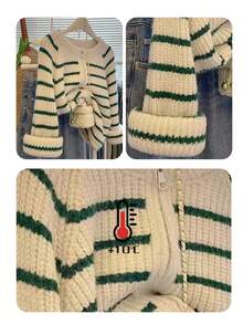 JIANHU 复古休闲风宽松条纹开衫 - 綠色 - 查看 9