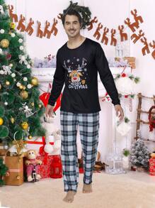男士圣诞睡衣套装（2件套），圣诞树印花长袖上衣和长裤，舒适的节日家居服 - 黑色 - 查看 4