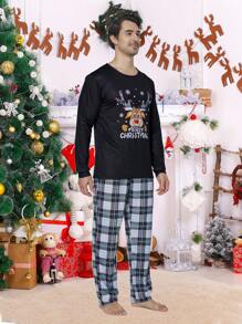 男士圣诞睡衣套装（2件套），圣诞树印花长袖上衣和长裤，舒适的节日家居服 - 黑色 - 查看 5