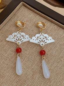 2 件时尚镂空扇形夹式耳环，中国复古几何风格无穿孔耳环 - 彩色 - 查看 9