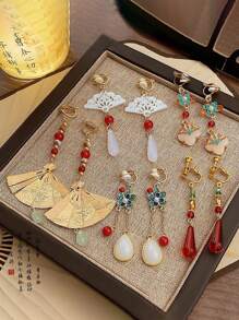 2 件时尚镂空扇形夹式耳环，中国复古几何风格无穿孔耳环 - 彩色 - 查看 1